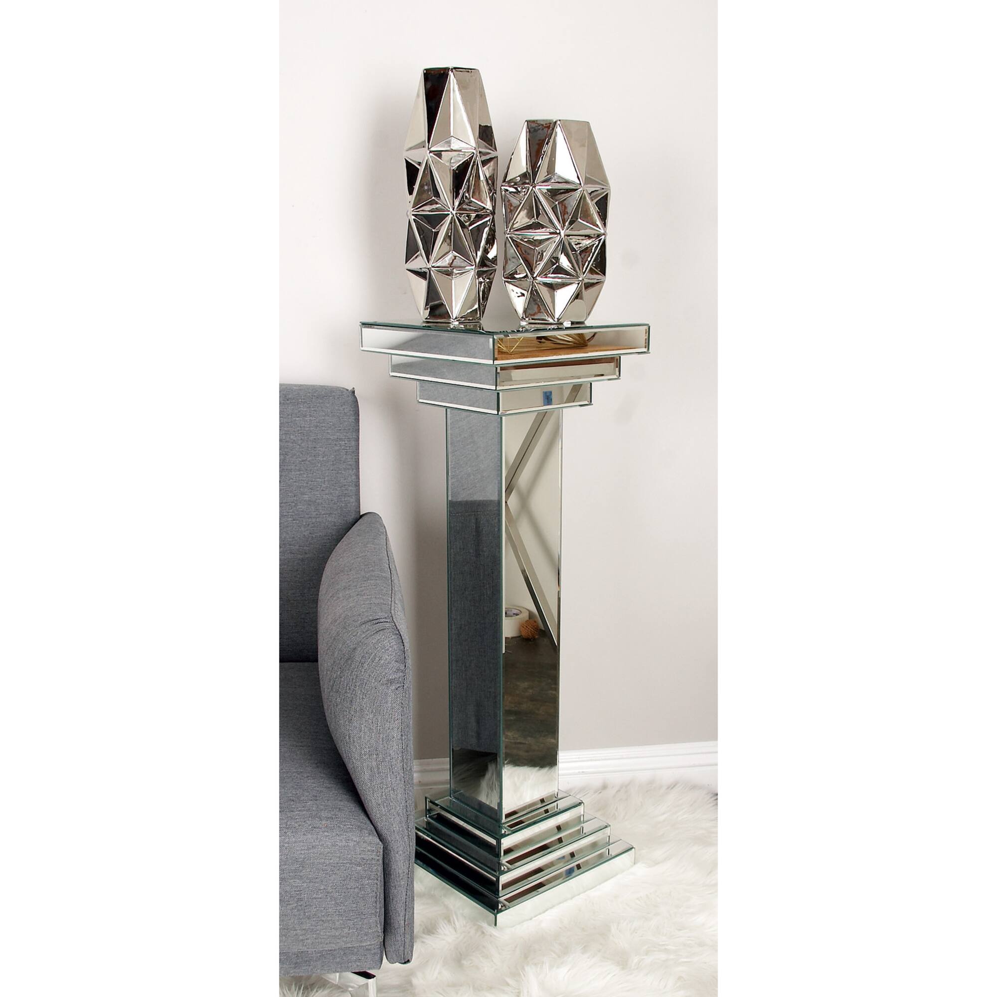 Silver Wood Glam Pedestal Table, 36" x 12" x 12"